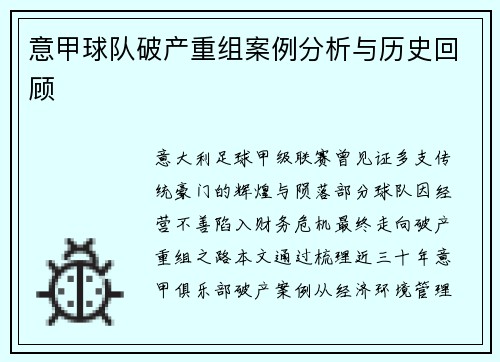 意甲球队破产重组案例分析与历史回顾